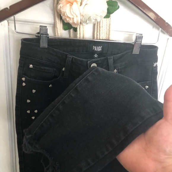 PAIGE Verdugo Embellished Ankle Ultra Skinny Jeans (Noir Studded Heart) - Picture 5 of 6